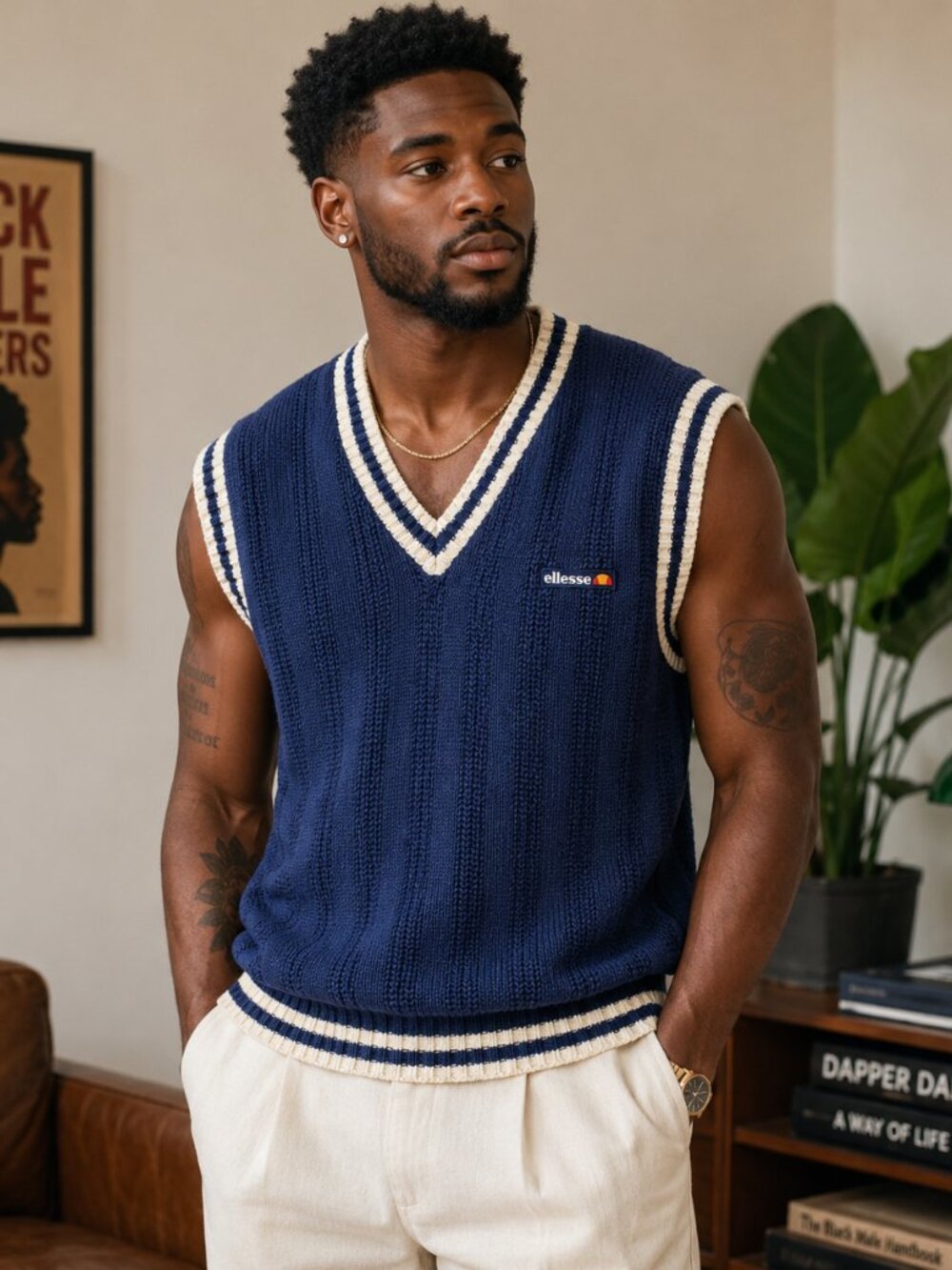 Ellesse V-Neck Blue and White Sweater